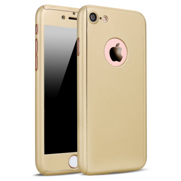 Wholesale iPhone 7 Full Cover Hybrid Case with Tempered Glass (Champagne Gold)